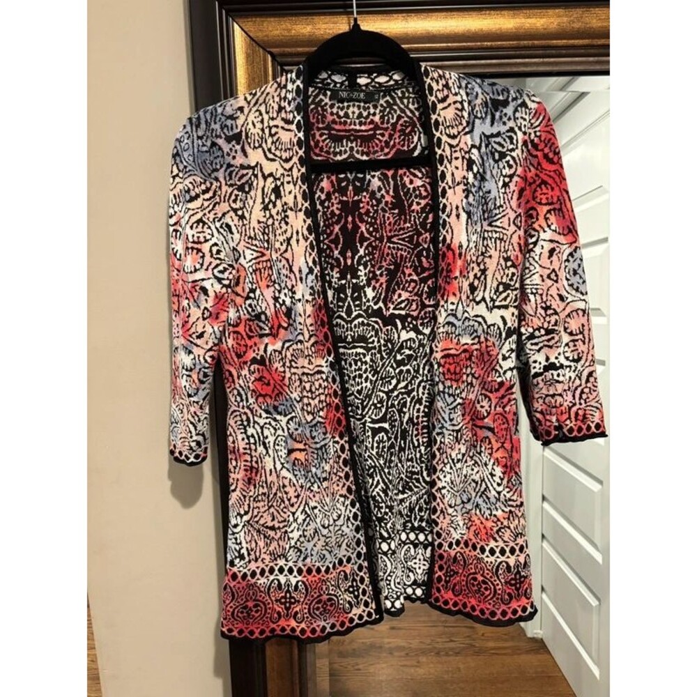 Nic+Zoe Women’s Knit Cardigan Sweater Pink Black Ivory Print Size Small